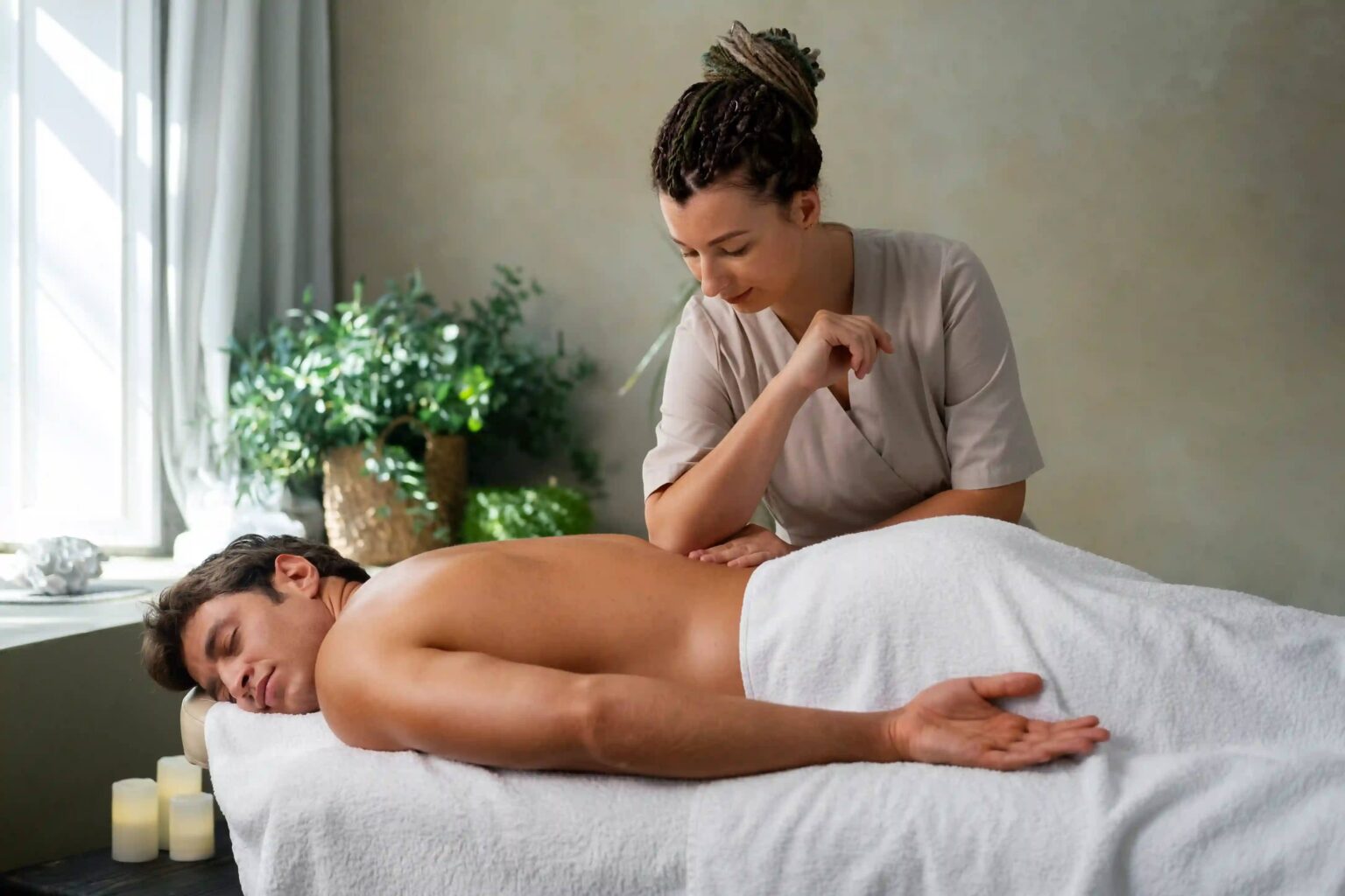 A therapist in a tunic giving a back massage to a guest covered with a white towel in a bright, calm treatment room